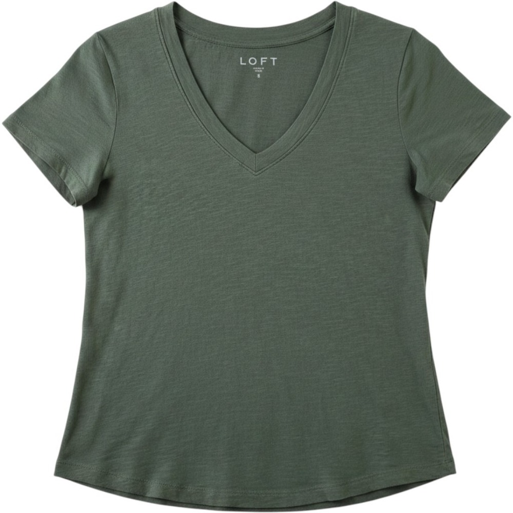 Ann Taylor LOFT Shirt Womens Small Green V Neck Short Sleeve Slub Minimalist Tee